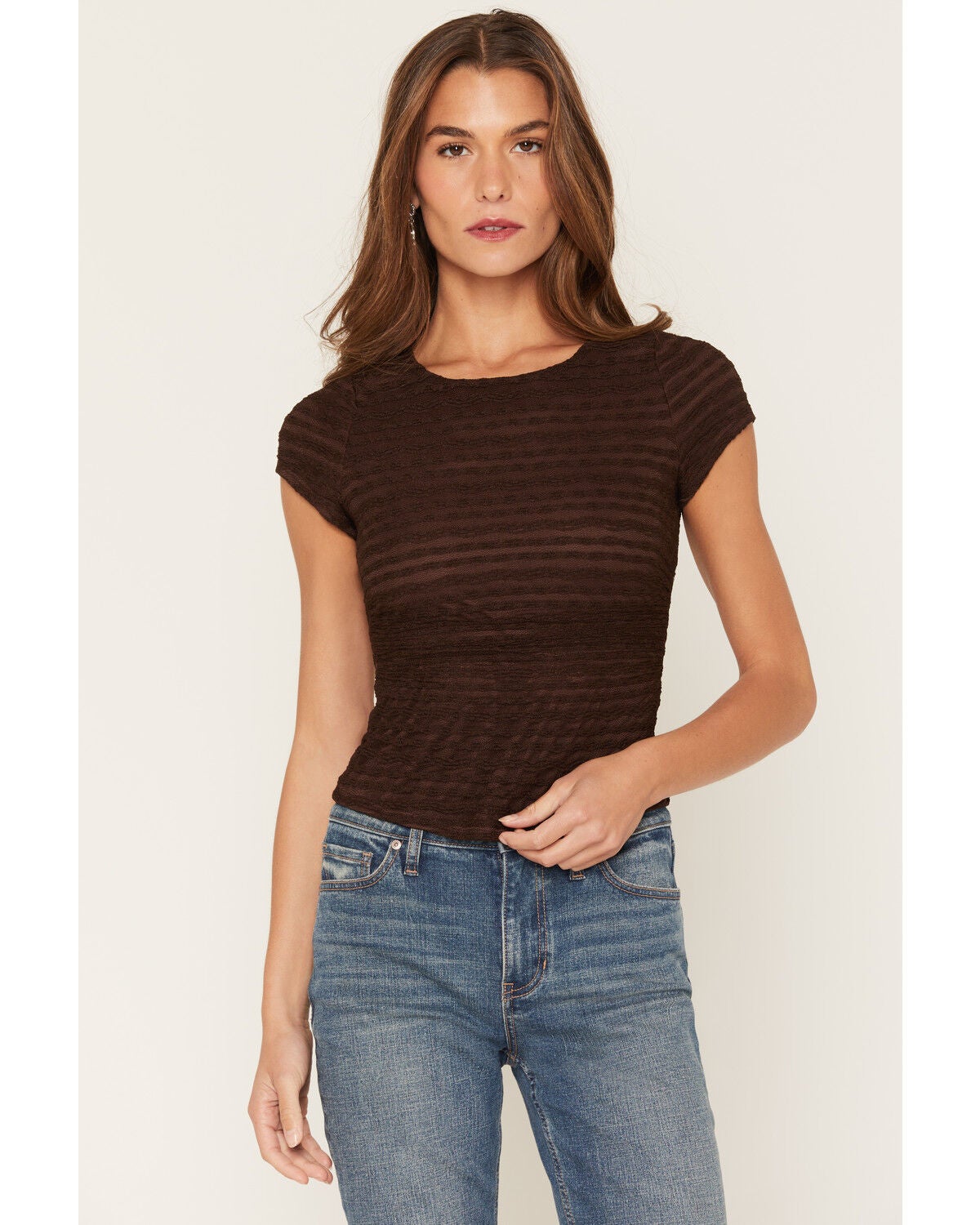 Trixxi Women's Lace Short Sleeve Tee, Brown, hi-res