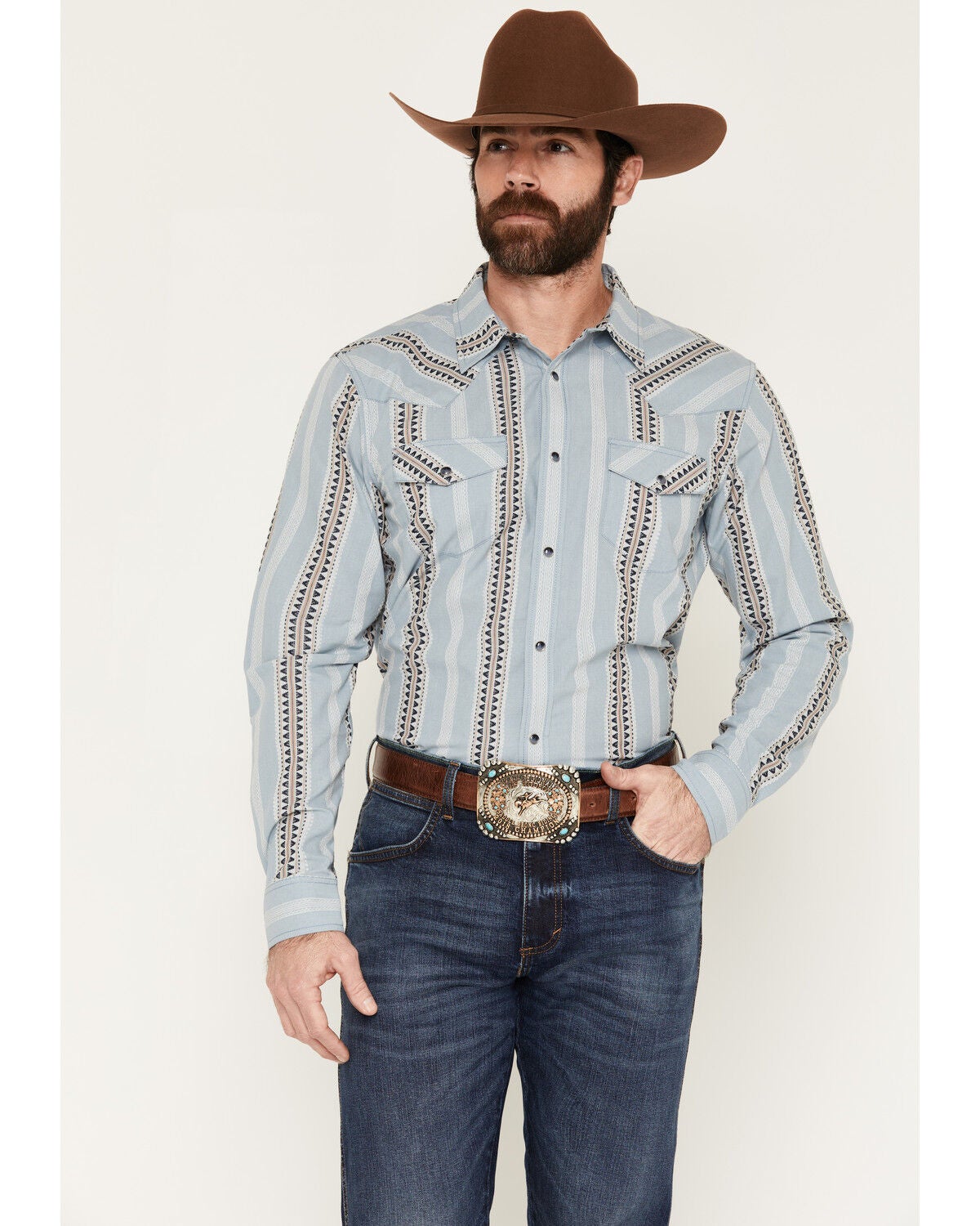Gibson Trading Co Men's Dusty Southwestern Striped Print Long Sleeve Snap Western Shirt, Blue, hi-res