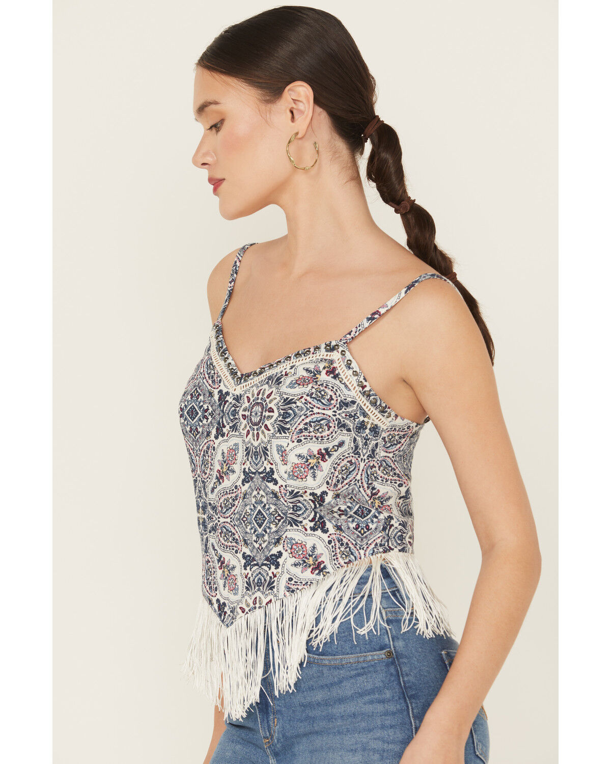 Image #3 - Idyllwind Women's Clemons Printed Studded Fringe Tank, Ivory, hi-res