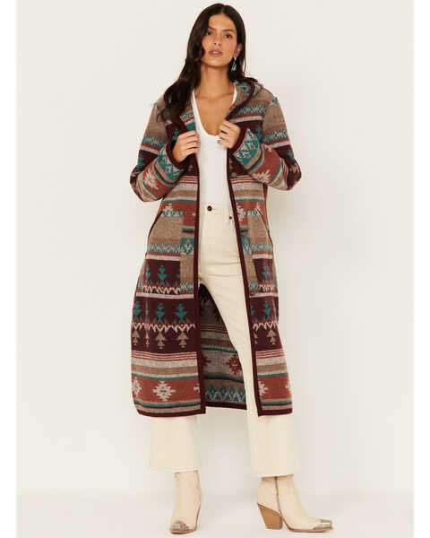 Circle S Women's Button Front Southwestern Print Hooded Duster, Burgundy, hi-res