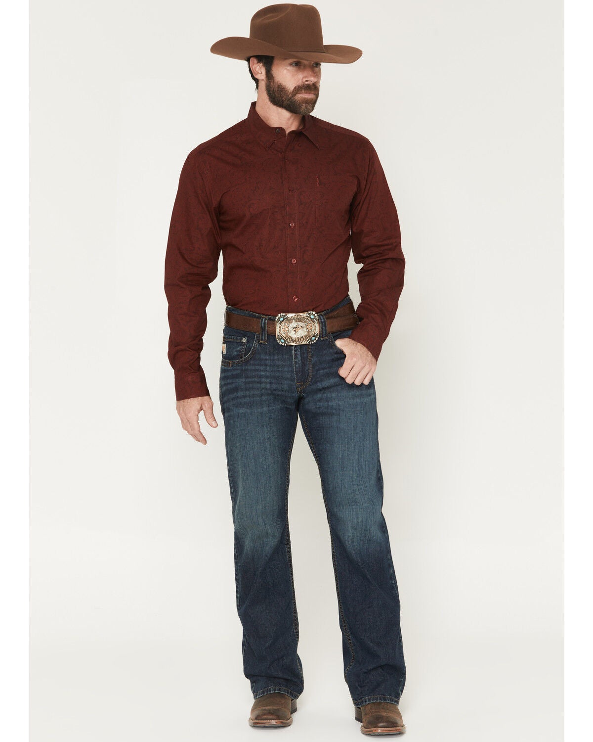 Image #1 - Cinch Men's Carter 2.0 Dark Wash Relaxed Bootcut Stretch Denim Jeans, Indigo, hi-res