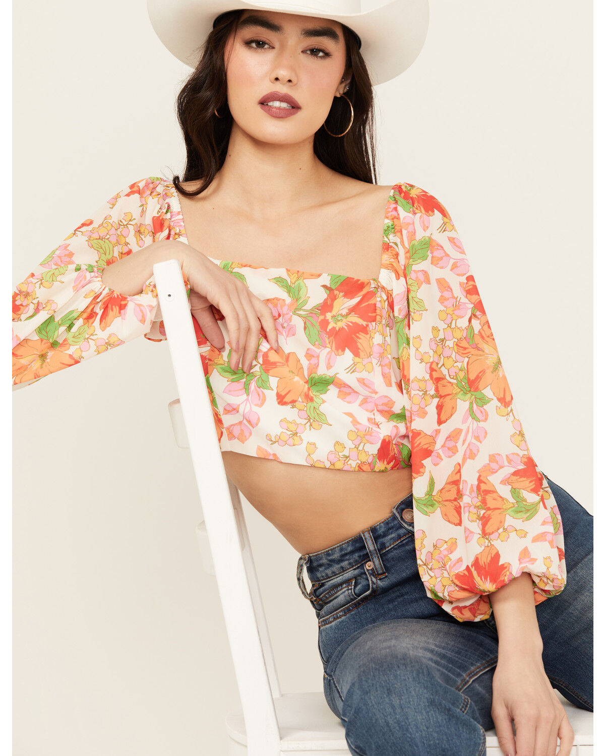 Image #1 - Flying Tomato Women's Floral Long Sleeve Crop Top, White, hi-res