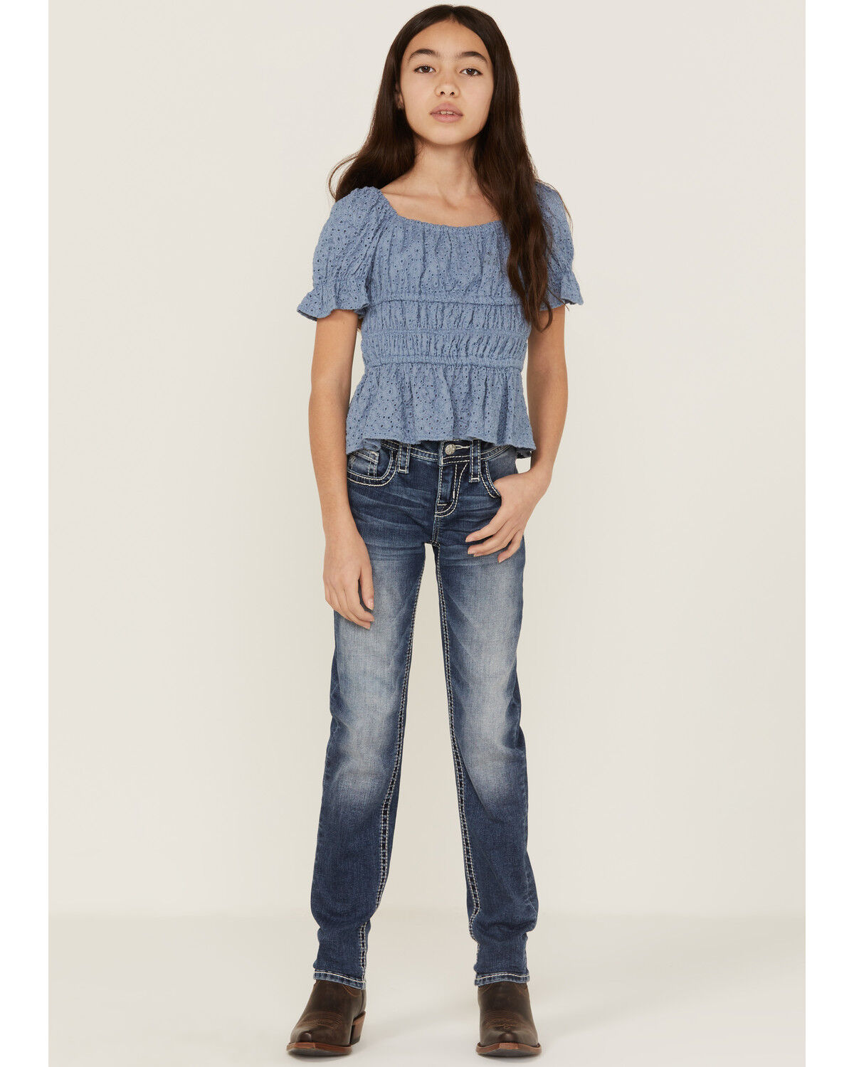 Image #1 - Miss Me Girls' Medium Wash Mid Rise Sequin Butterfly Skinny Jeans, Blue, hi-res