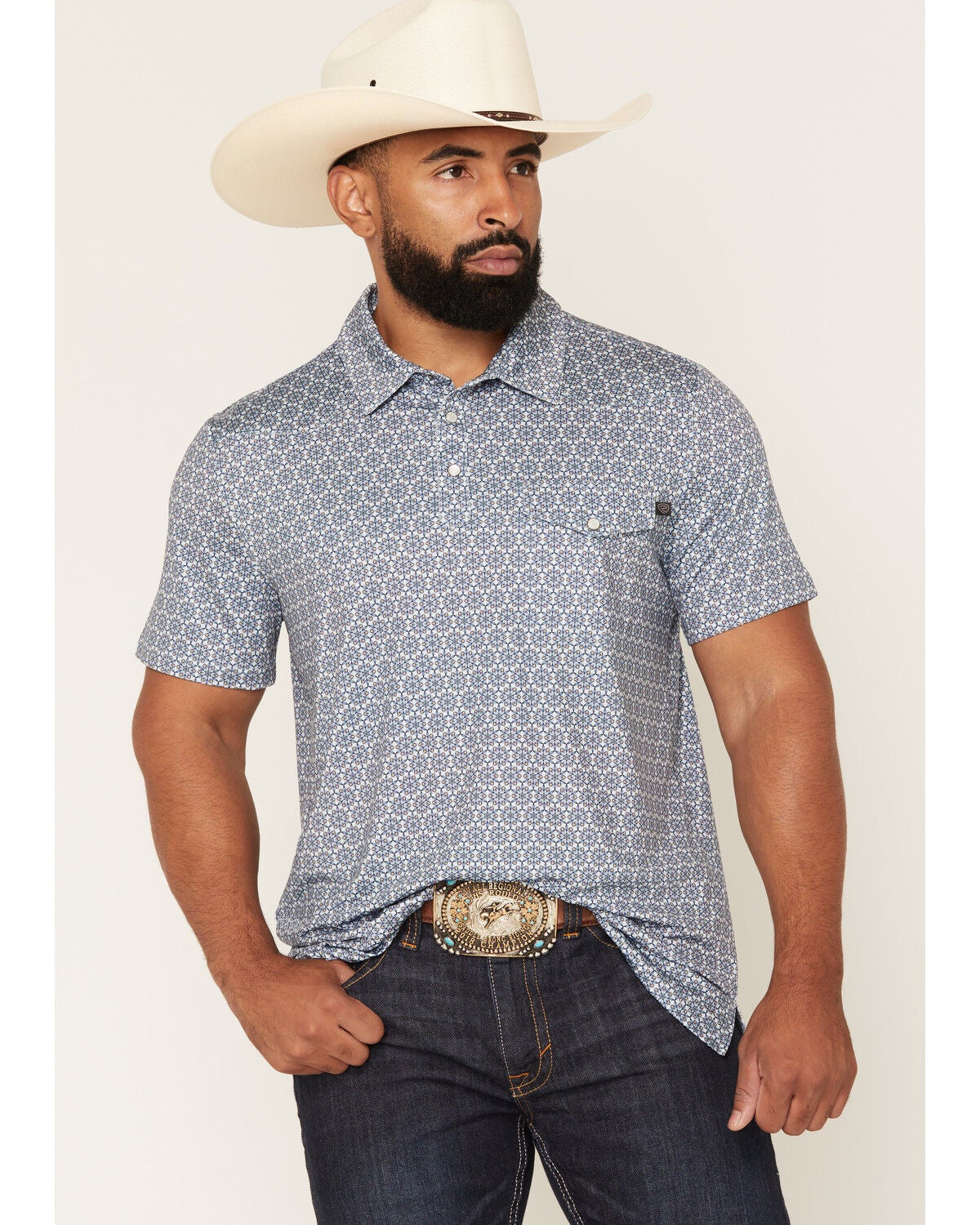 Image #1 - Rock & Roll Denim Men's Medallion Print Short Sleeve Snap Polo, Turquoise, hi-res