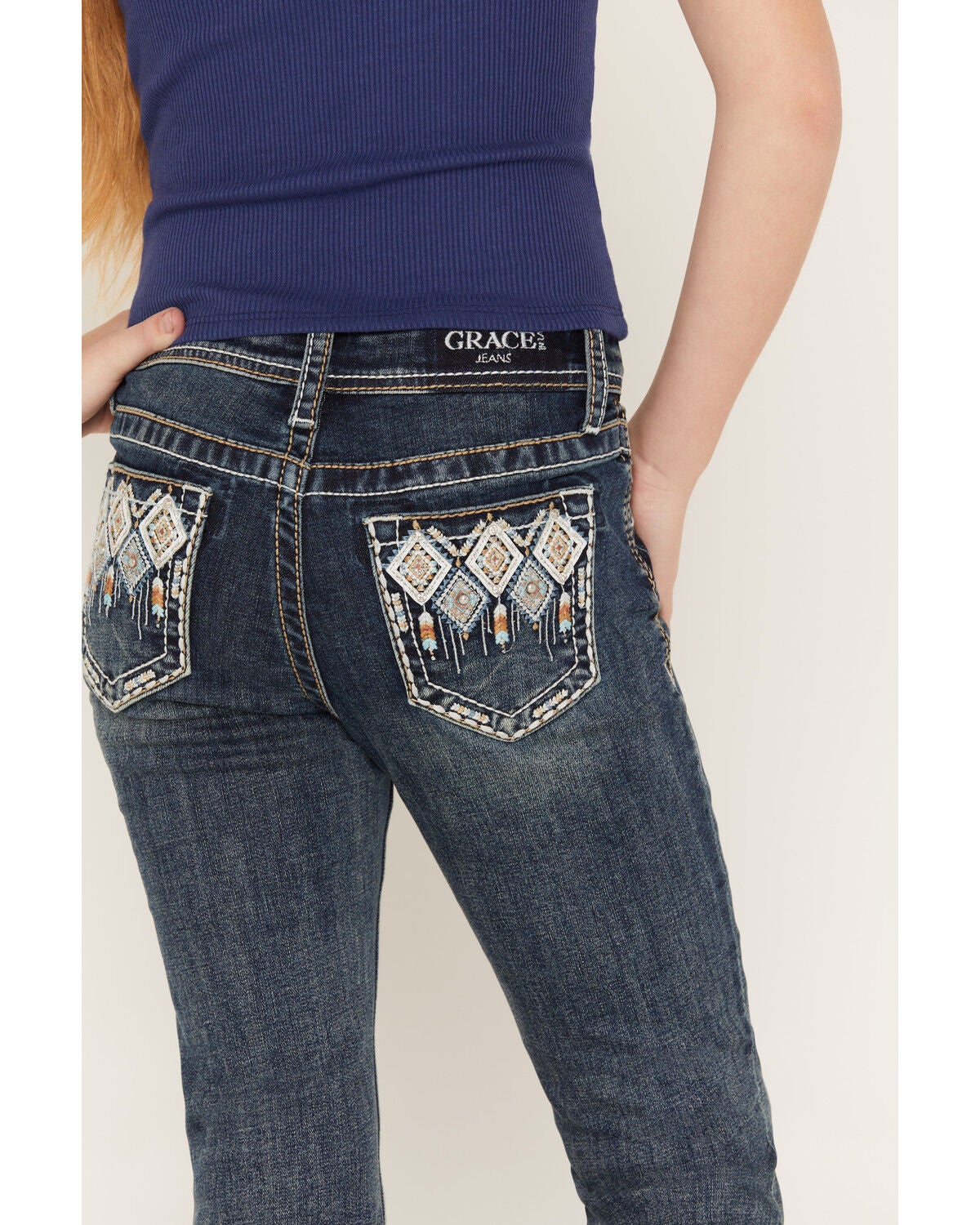 Image #4 - Grace in LA Girls' Medium Wash Embellished Bootcut Stretch Denim Jeans, Medium Wash, hi-res