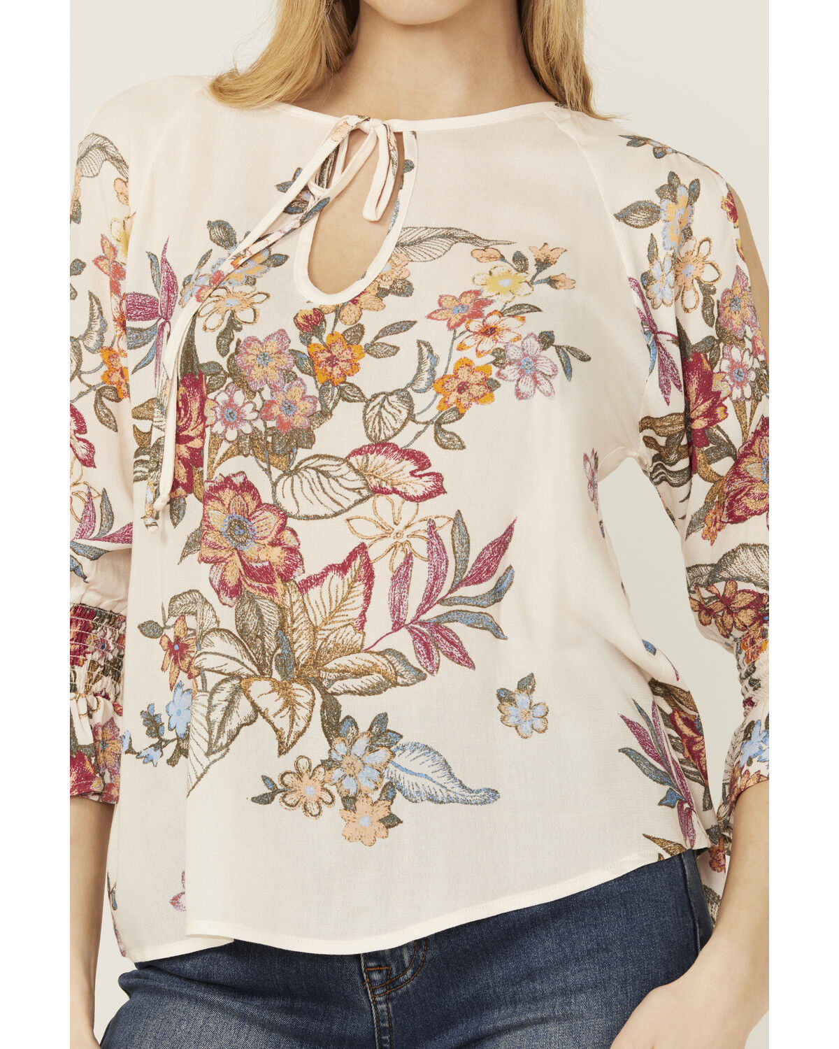 Image #3 - Wild Moss Women's Floral Print Cold Shoulder Top, Cream, hi-res