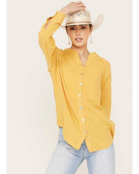 Wild Moss Women's Gauze Long Sleeve Button-Down Shirt, Mustard, hi-res