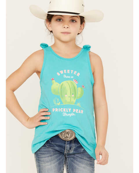 Image #1 - Wrangler Girls' Cactus Prickly Pear Graphic Tank Top, Turquoise, hi-res