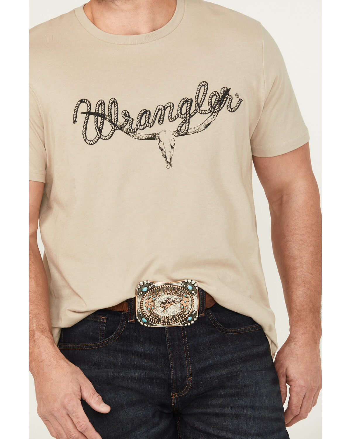 Image #3 - Wrangler Men's Rope Steer Head Front Logo Short Sleeve Graphic T-Shirt, Sand, hi-res