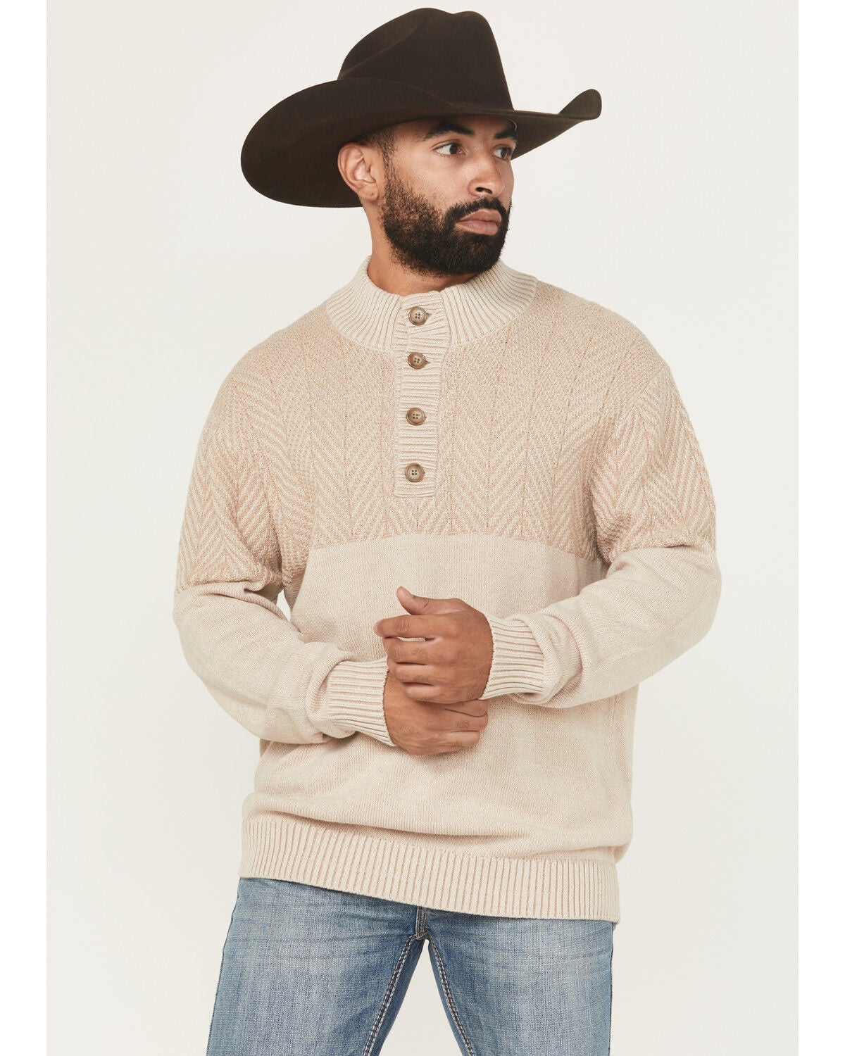 Image #1 - Cinch Men's Solid Button-Down Sweater, Cream, hi-res