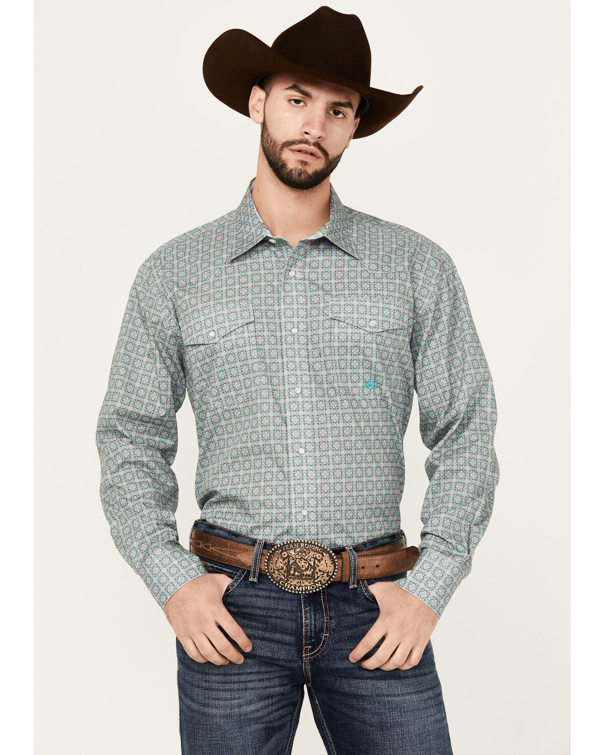 Image #1 - Roper Men's Amarillo Medallion Print Long Sleeve Snap Western Shirt, Grey, hi-res