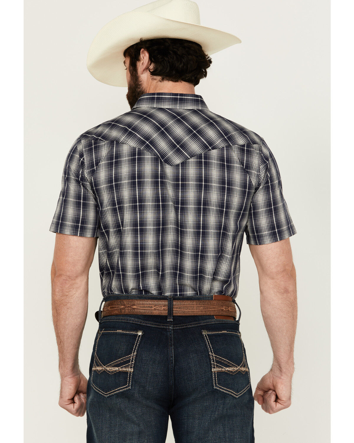 Image #4 - Gibson Men's Chain Link Plaid Print Short Sleeve Snap Western Shirt, Navy, hi-res