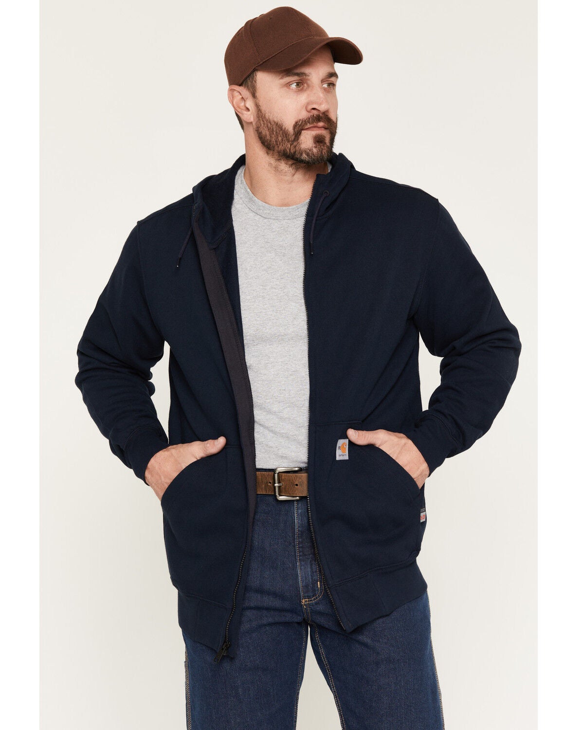 Carhartt Men's FR Force Original Fit Zip-Front Hooded Work Jacket - Big, Navy, hi-res