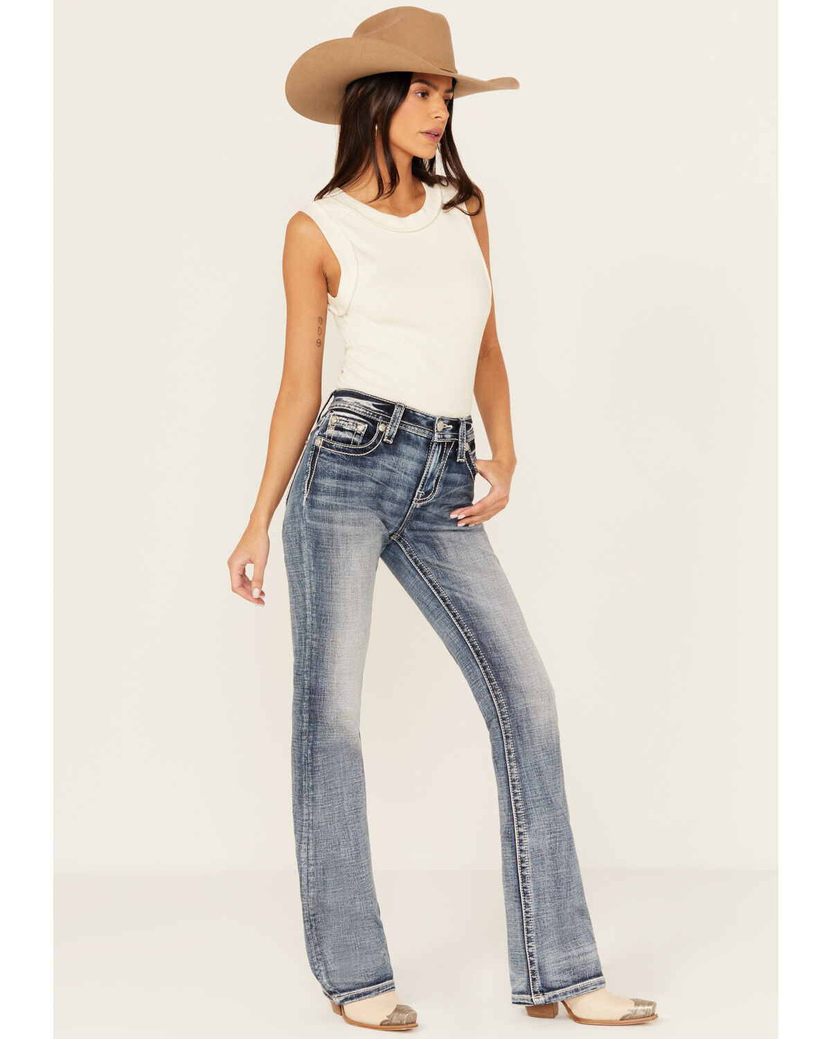 Image #3 - Miss Me Women's Medium Wash Mid Rise Horseshoe Bootcut Stretch Denim Jeans, Medium Wash, hi-res
