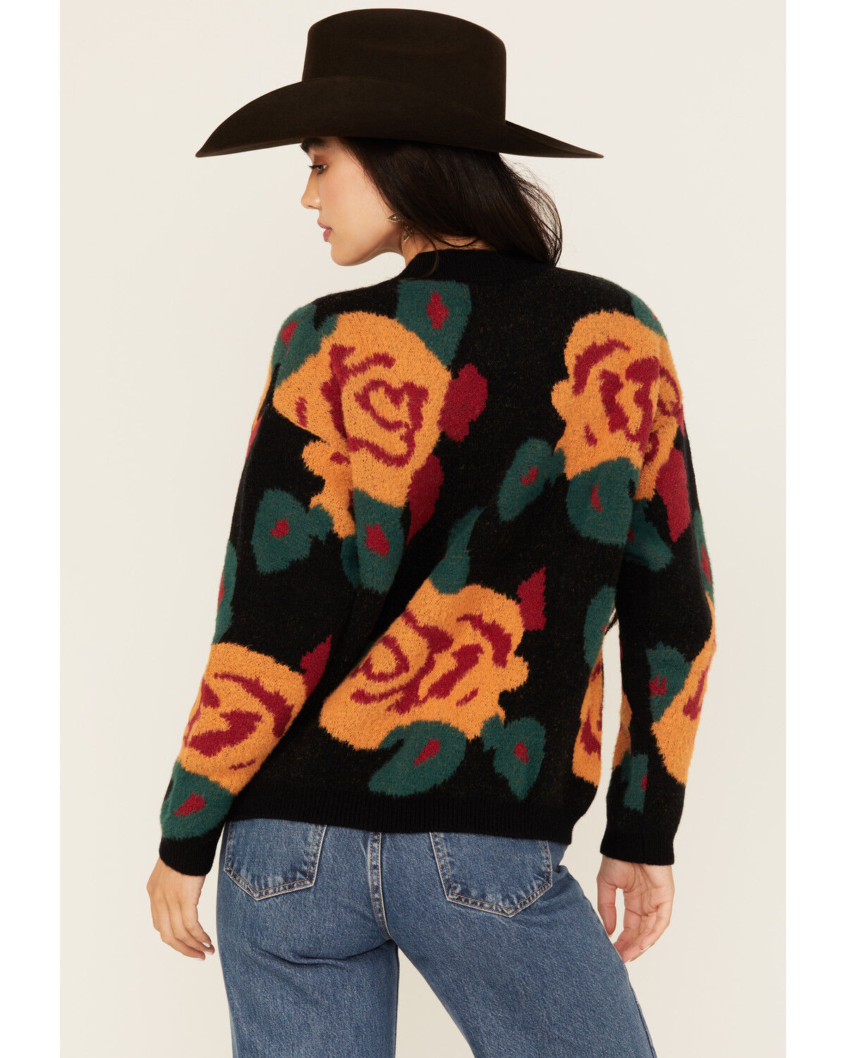 Image #4 - Evergreen Women's Floral Crew Neck Sweater, Black, hi-res