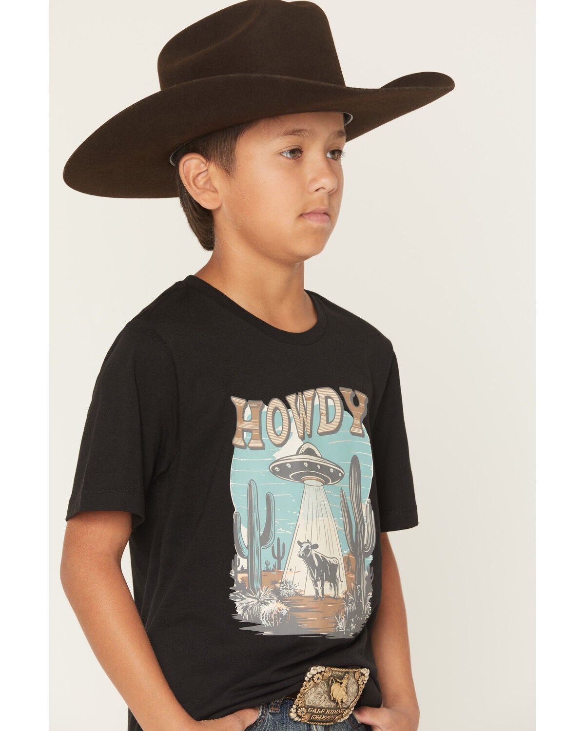 Image #2 - Sable Sky Boys' Howdy Space Cow Short Sleeve Graphic T-Shirt, Black, hi-res