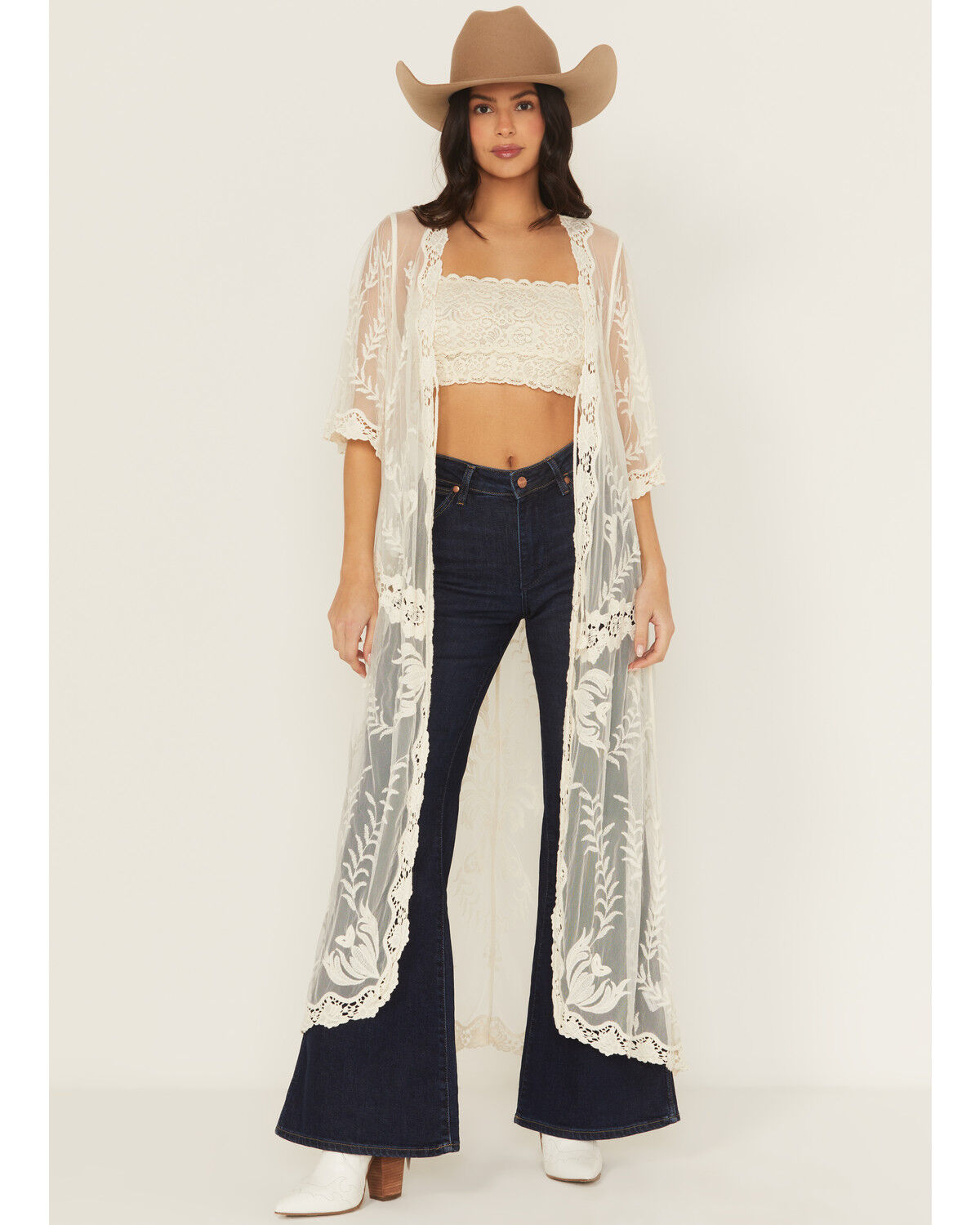 Image #2 - Shyanne Women's Long Embroidered Mesh Kimono, Cream, hi-res