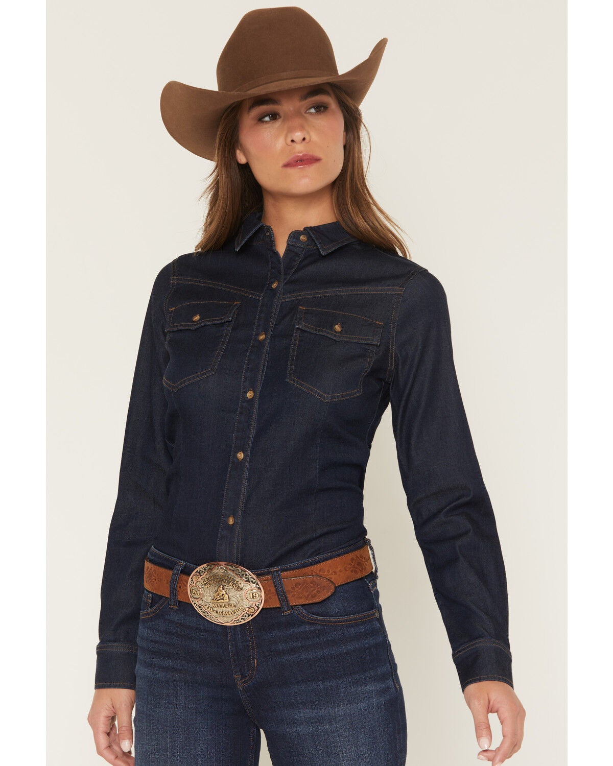 Image #3 - Shyanne Women's Bella Dark Wash Denim Long Sleeve Button-Down Stretch Western Shirt, Dark Wash, hi-res