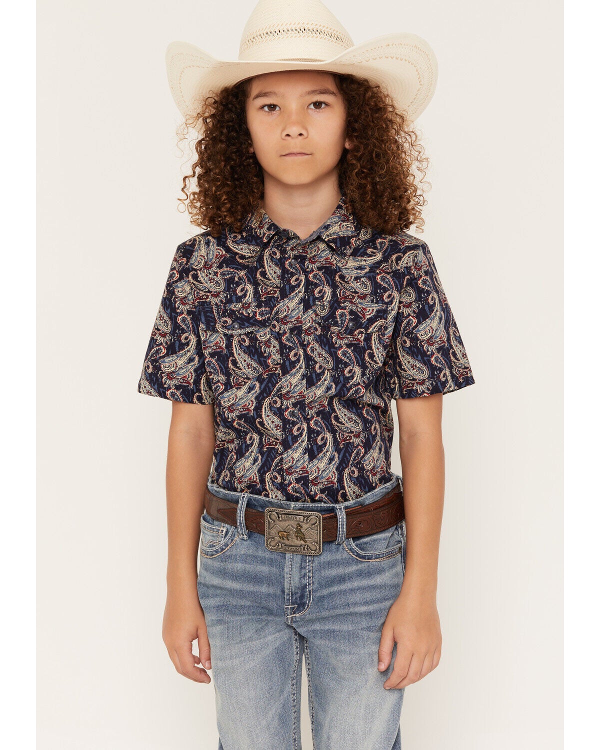 Image #1 - Cody James Boys' Easy Livin Paisley Print Short Sleeve Snap Western Shirt, Navy, hi-res