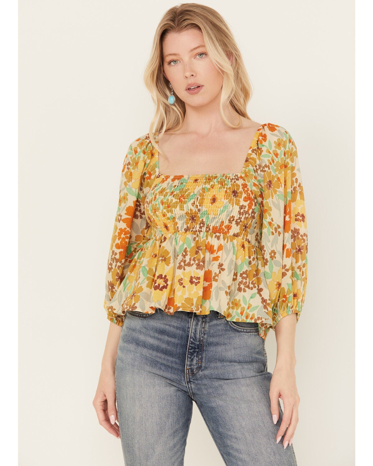 By Together Women's Sunflower Print Smocked Long Sleeve Peasant Top, Yellow, hi-res