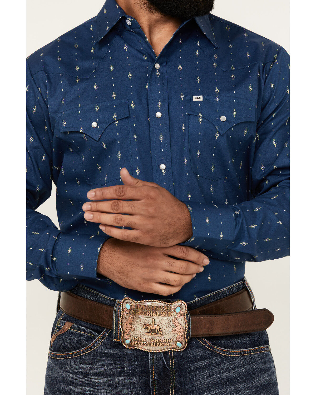 Image #3 - Ely Walker Men's Diamond Southwestern Print Long Sleeve Snap Western Shirt, Navy, hi-res