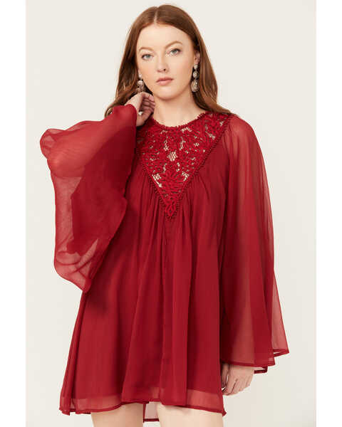 Image #1 - Free People Women's Sunshine of Love Mini Long Sleeve Dress, Red, hi-res