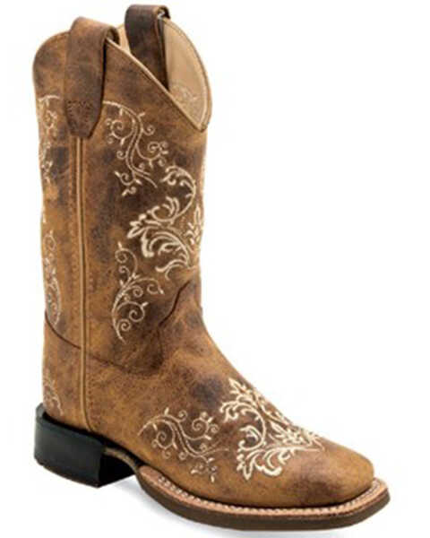 Image #1 - Old West Boys' Floral Western Boots - Broad Square Toe, Tan, hi-res