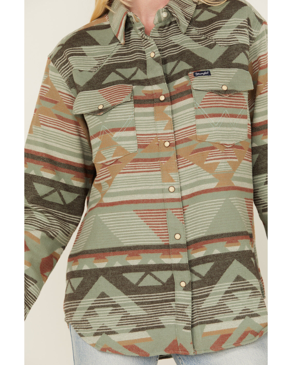 Image #3 - Wrangler Retro Women's Southwestern Long Sleeve Pearl Snap Western Shirt, Green, hi-res