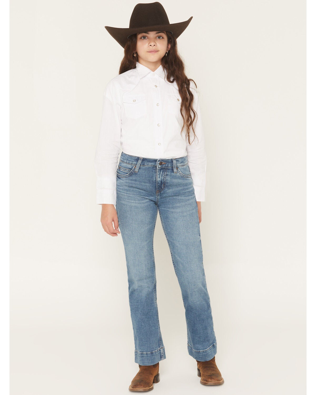 Image #1 - Wrangler Girls' Embroidered Trouser Stretch Denim Jeans, Blue, hi-res