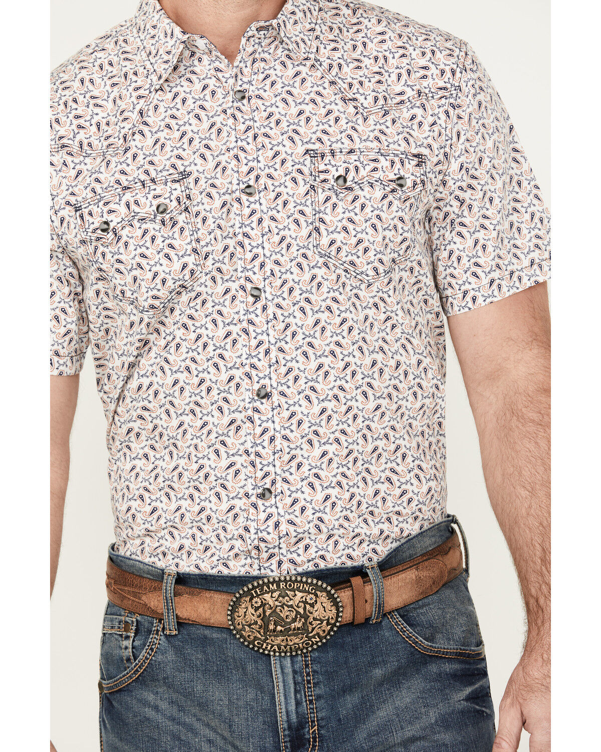 Image #3 - Moonshine Spirit Men's Banjo Paisley Print Short Sleeve Snap Western Shirt, Ivory, hi-res