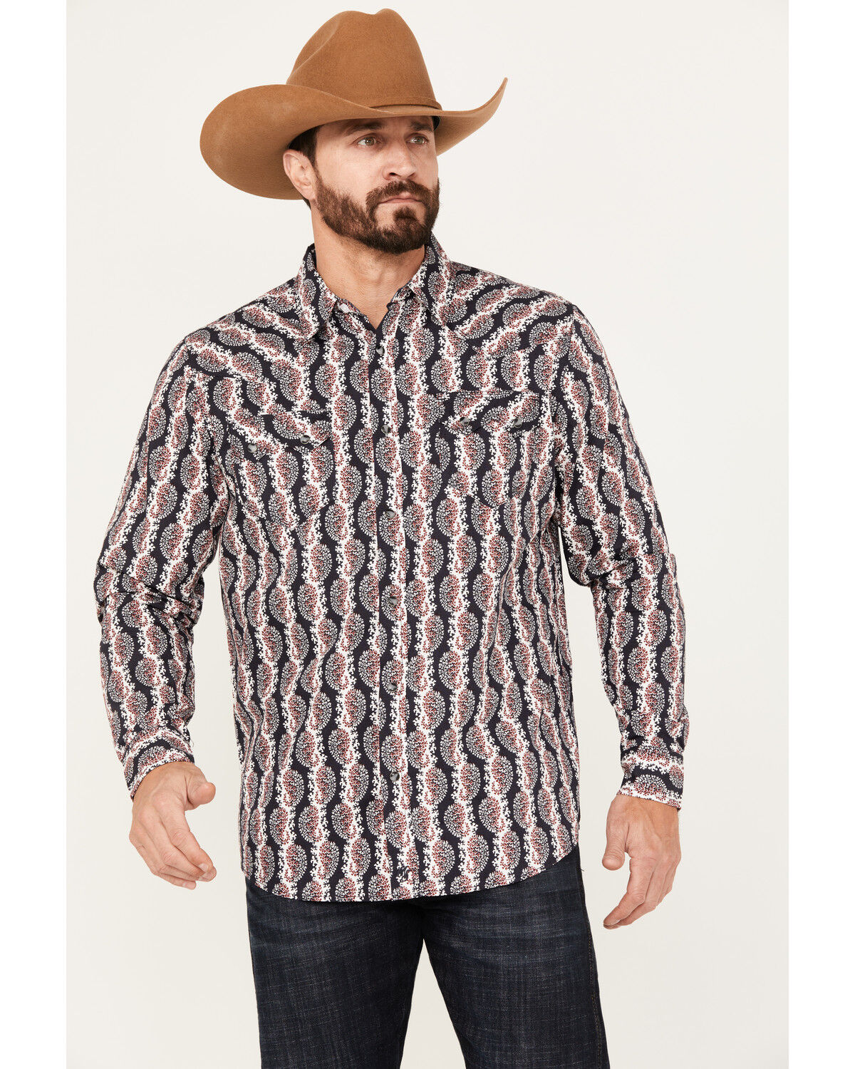 Image #1 - Moonshine Spirit Men's Paisley Print Long Sleeve Western Snap Shirt, Navy, hi-res