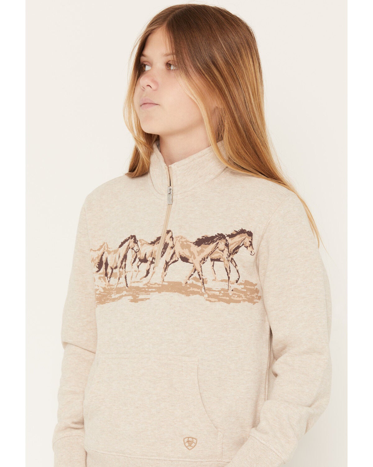 Image #2 - Ariat Girls' Running Horses 1/4 Zip Pullover Sweatshirt, Oatmeal, hi-res