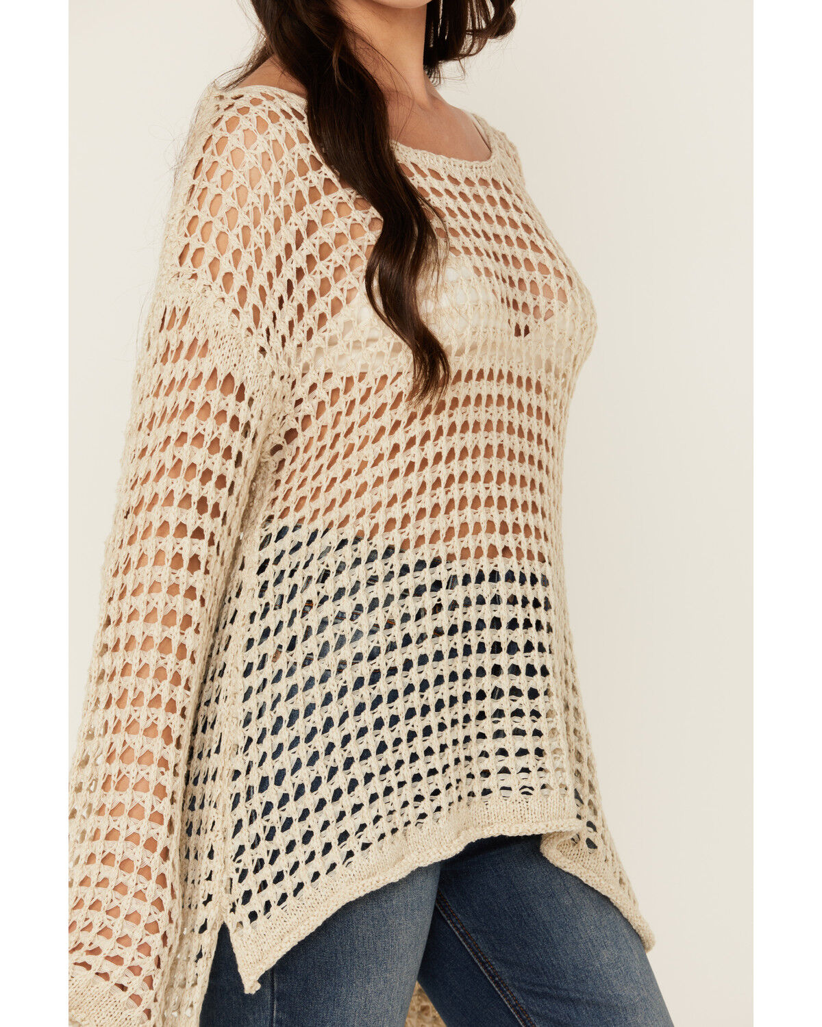 Image #3 - POL Women's Open Crochet Long Sleeve Sweater, Natural, hi-res