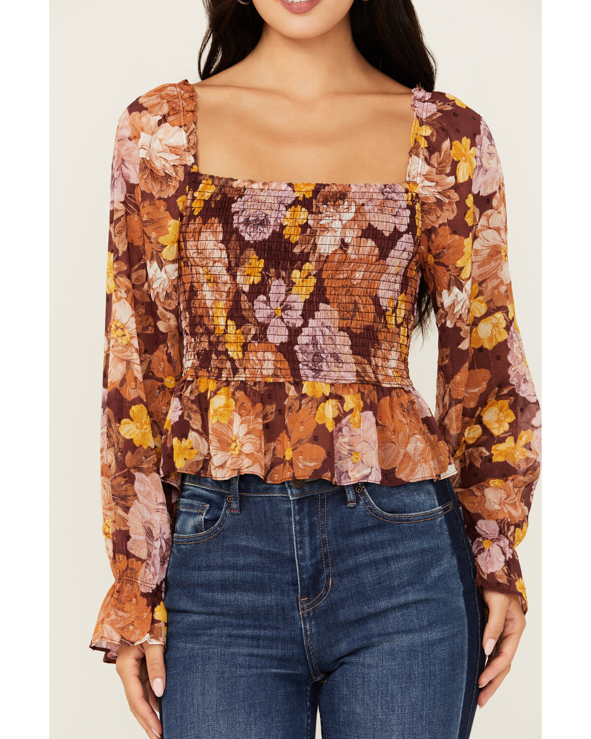 Image #3 - En Creme Women's Floral Print Shirred Long Sleeve Top, Multi, hi-res