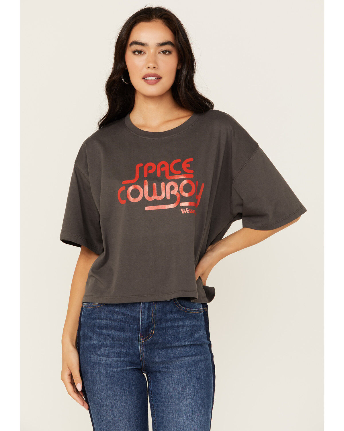Image #1 - Wrangler Women's Space Cowboy Boxy Cropped Graphic Tee, Dark Grey, hi-res