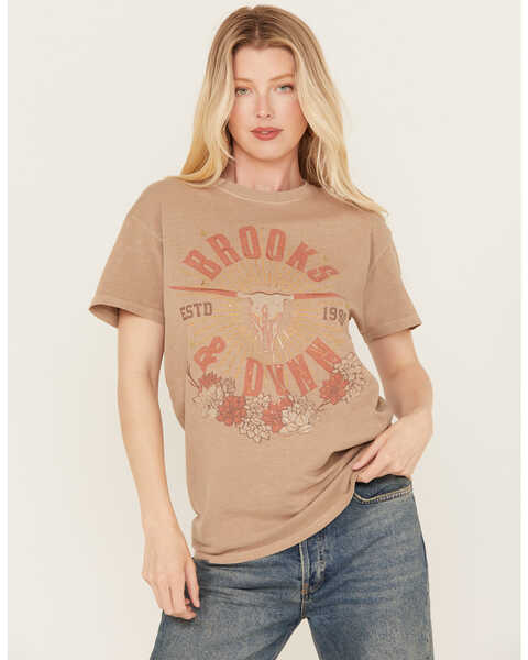 Image #1 - Goodie Two Sleeves Women's Brooks & Dunn Oversized Foil Graphic Tee, Tan, hi-res