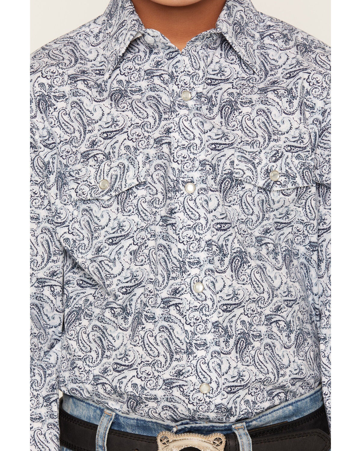 Image #3 - Panhandle Slim Boys' Paisley Print Long Sleeve Pearl Snap Stretch Western Shirt, Blue, hi-res