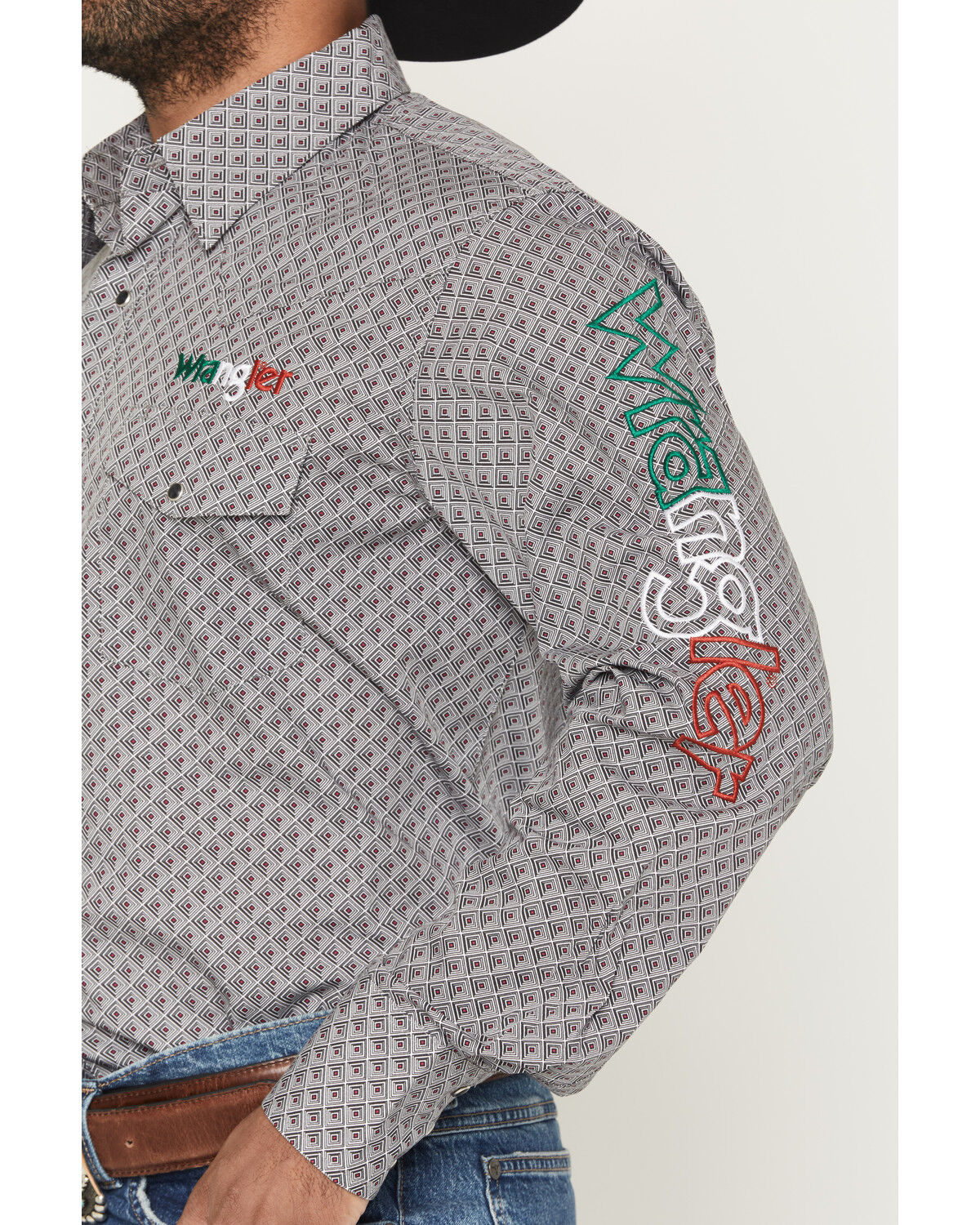 Image #3 - Wrangler Men's Mexico Logo Geo Print Long Sleeve Snap Western Shirt, Grey, hi-res
