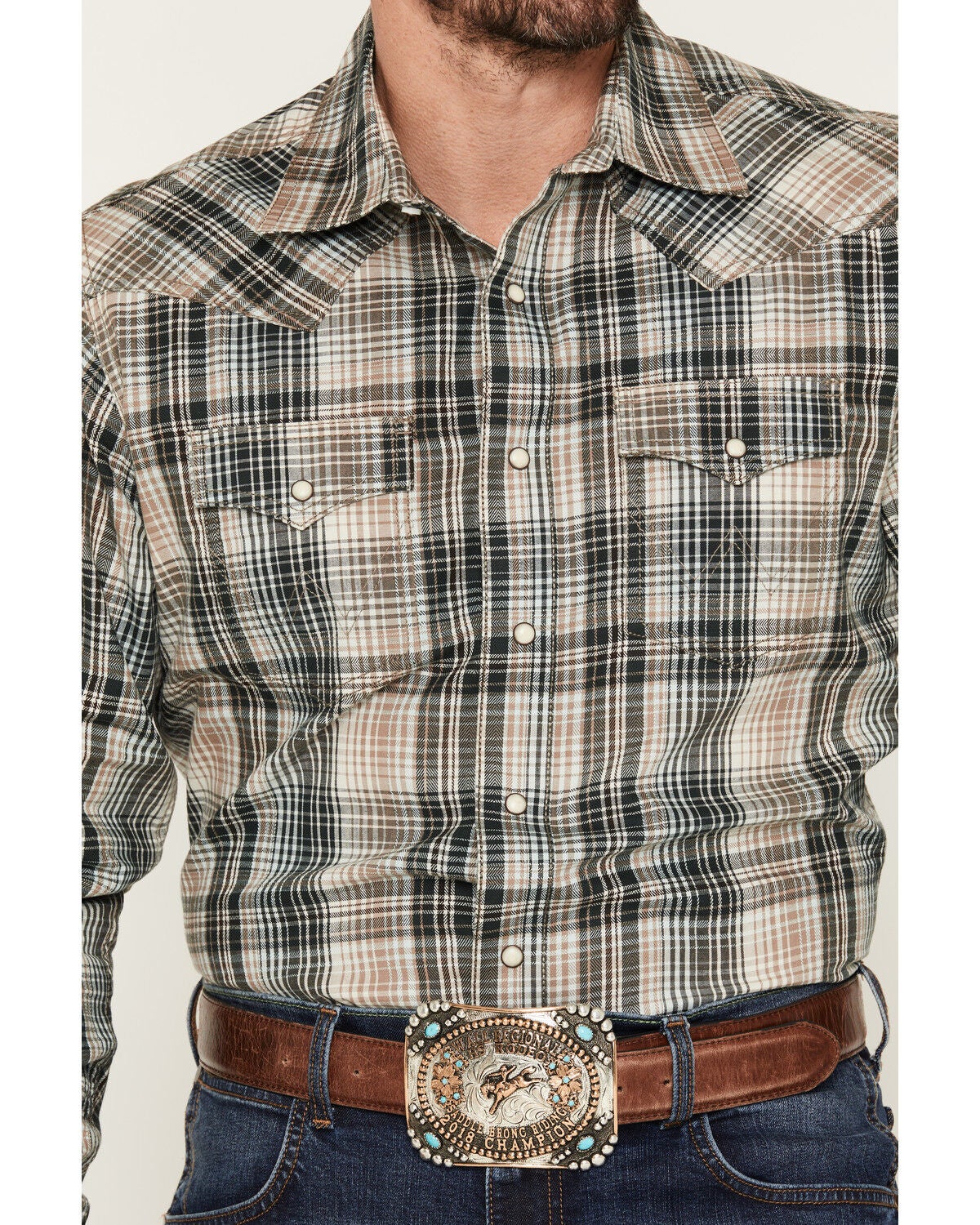 Image #3 - Wrangler Retro Men's Plaid Print Long Sleeve Snap Western Shirt, Cream, hi-res