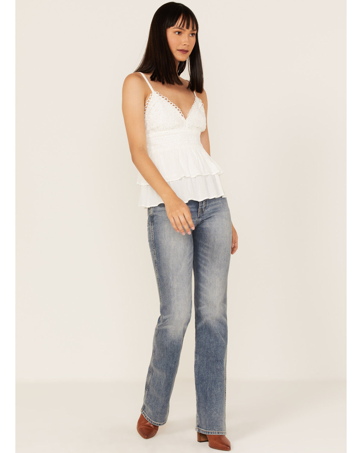 Image #2 - Tempted Women's Crochet Ruffle Crop Cami Top, White, hi-res