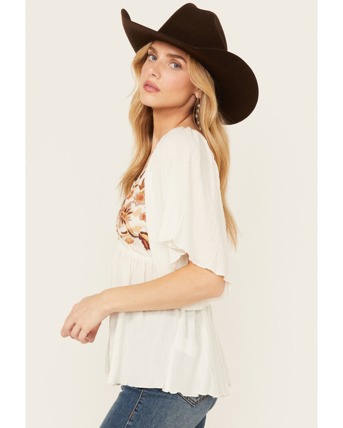 Image #2 - Shyanne Women's Embroidered Bodice Short Sleeve Crinkle Peasant Top, Cream, hi-res