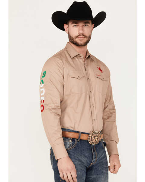 Rodeo Clothing Men's Mexico Flag Long Sleeve Snap Western Shirt, Tan, hi-res