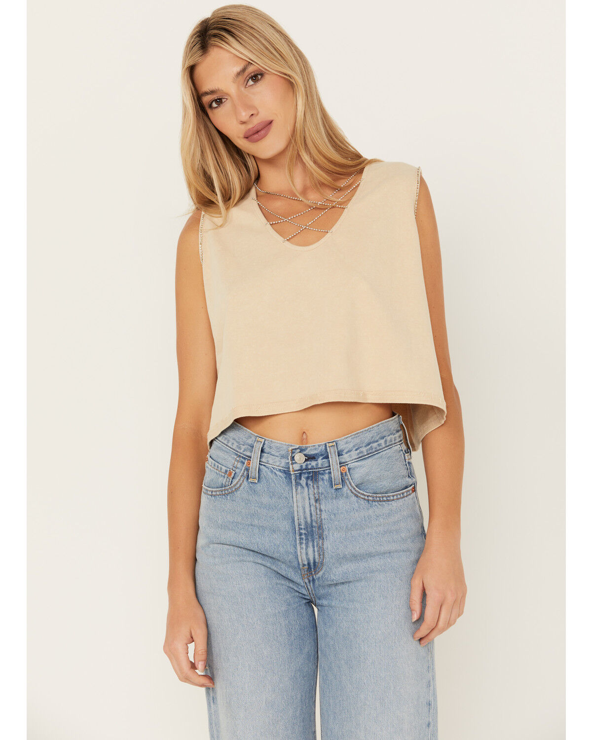 Image #1 - B Blue B Women's Cropped Rhinestone Tank Top, Tan, hi-res