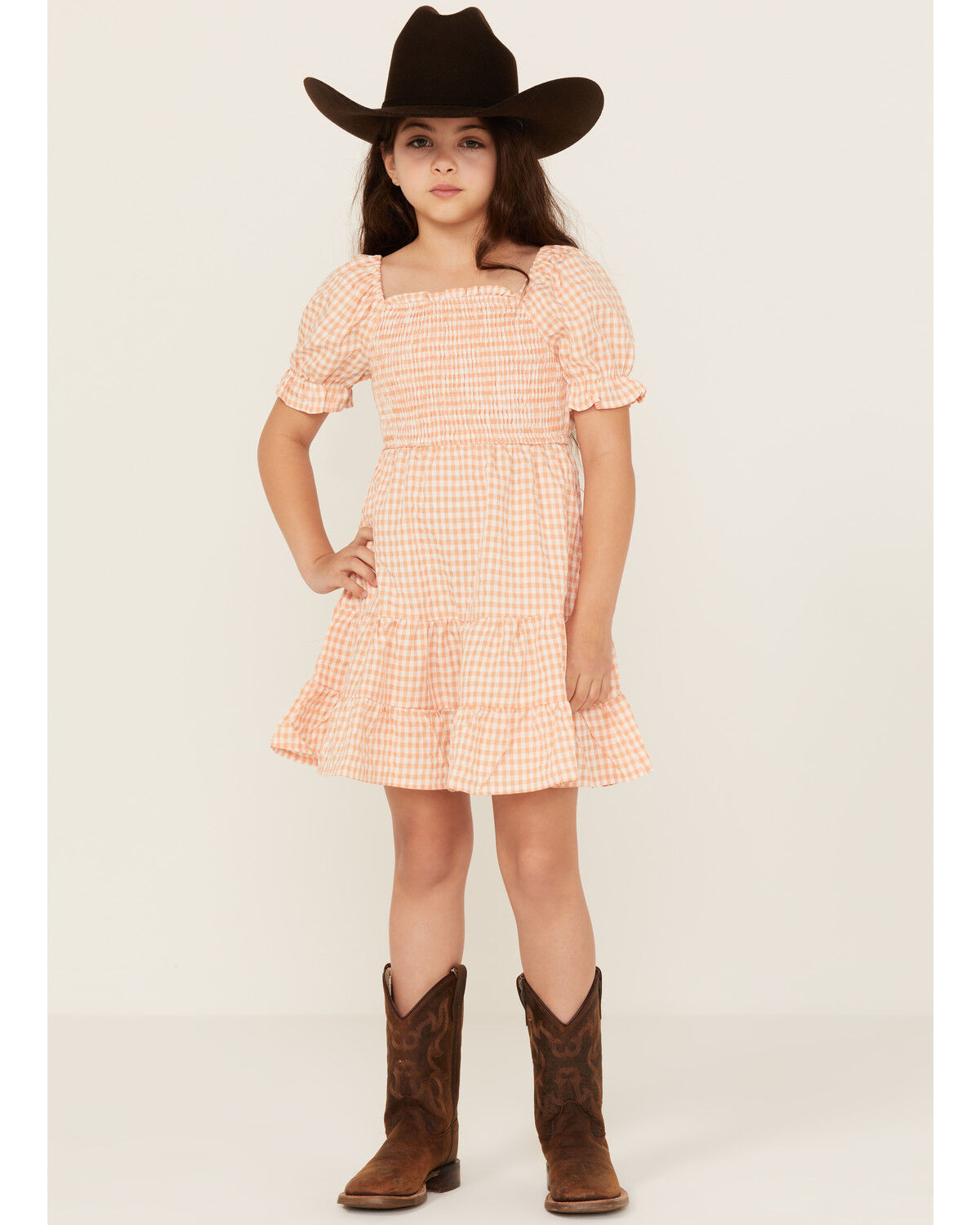 Image #1 - Hayden LA Girls' Gingham Print Puff Sleeve Mini Dress, Peach, hi-res