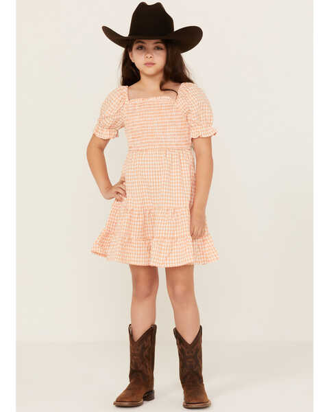 Hayden LA Girls' Gingham Print Puff Sleeve Dress, Peach, hi-res