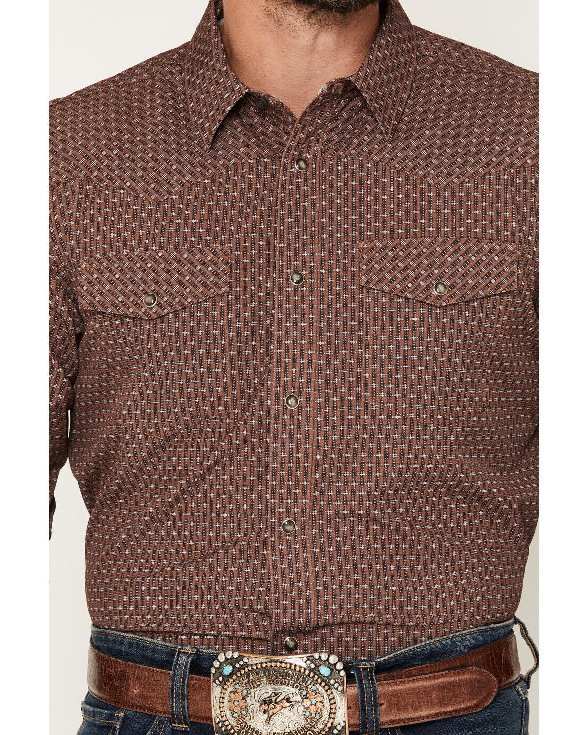 Image #3 - RANK 45&reg; Men's RODEOTEK&trade; 2.0 Geotastic Geo Print Long Sleeve Snap Stretch Performance Western Shirt, Brown, hi-res