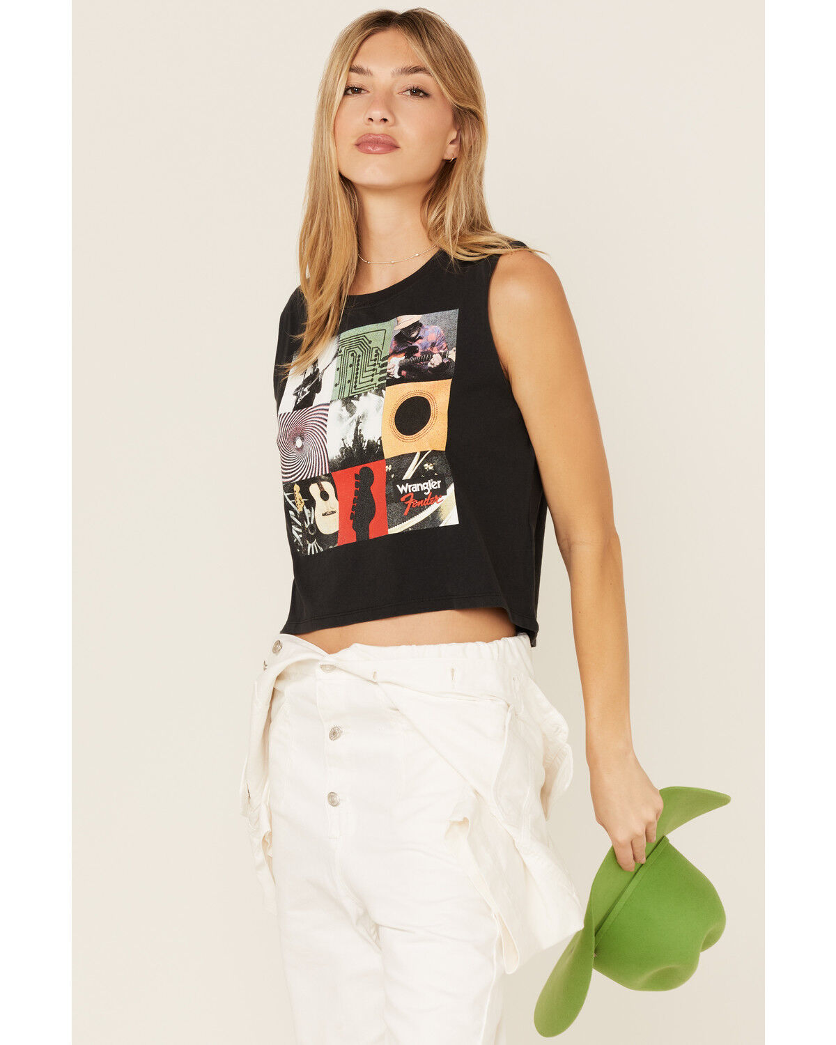 Image #1 - Wrangler X Fender Women's Album Cover Graphic Cropped Tank Top, Black, hi-res