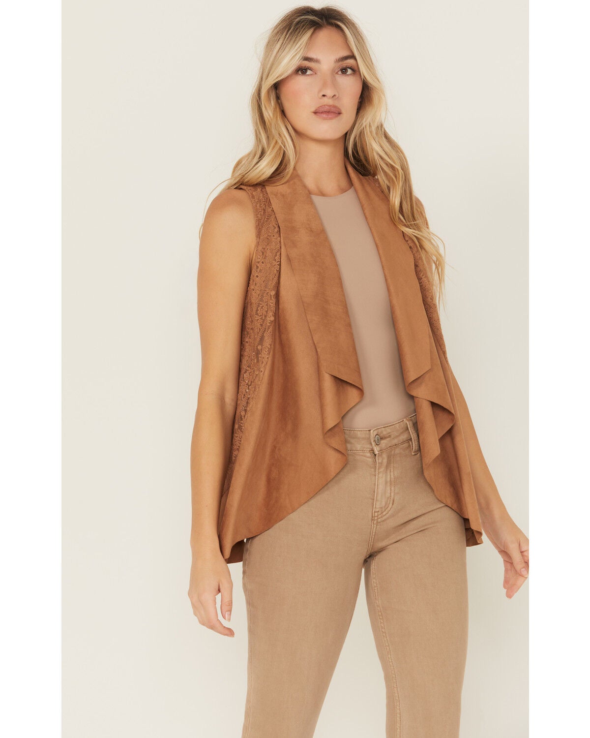Shyanne Women's Cascade Lace Faux Suede Vest, Tan, hi-res