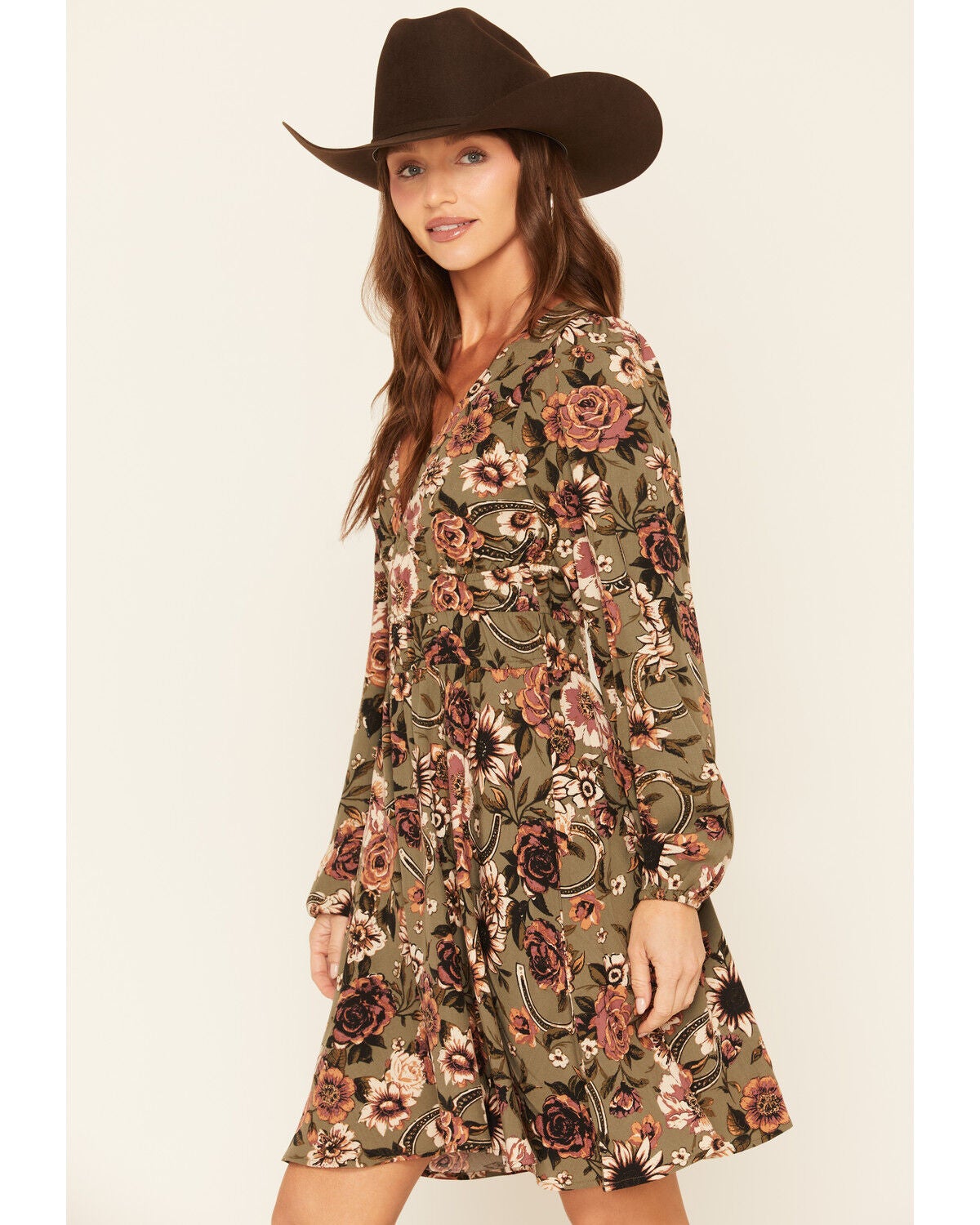 Image #2 - Wrangler Women's Floral Horseshoe Long Sleeve Mini Dress, Green, hi-res