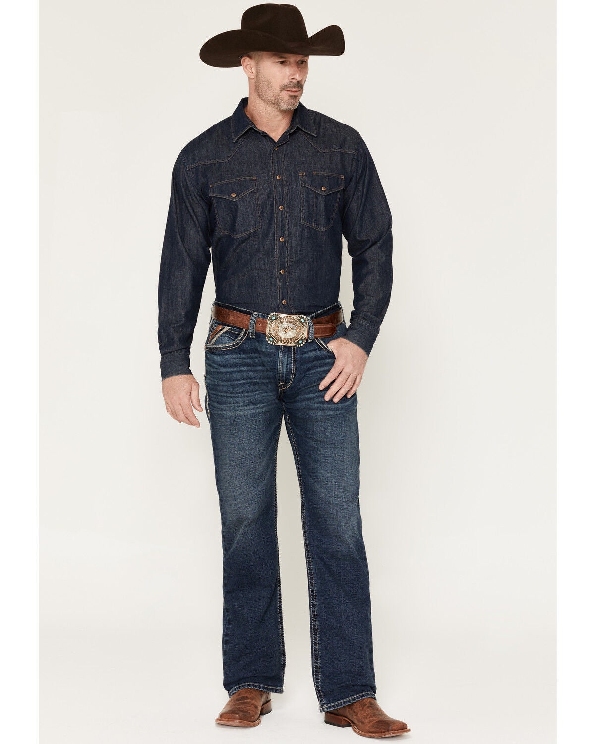 Ariat Men's M4 Silverton Crawford Medium Wash Relaxed Bootcut Stretch Denim Jeans, Medium Wash, hi-res
